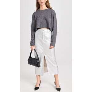 WAYF Silver Vegan Leather Midi Skirt | Metallic Faux Leather | Size XS